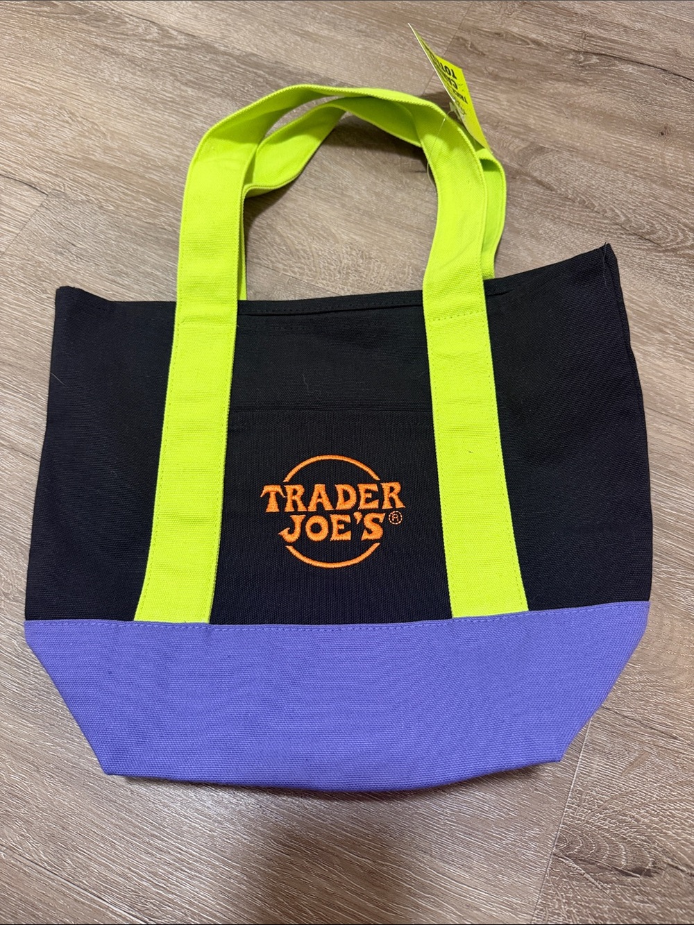 Trader Joe's Black Tote with Neon Green Straps and Purple Base